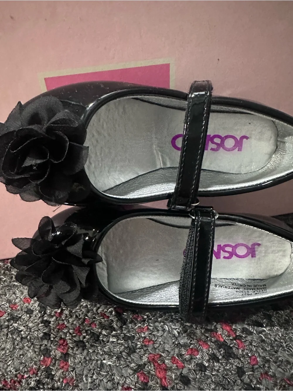 Josmo Black Patent Mary Janes with Black Flower Accent